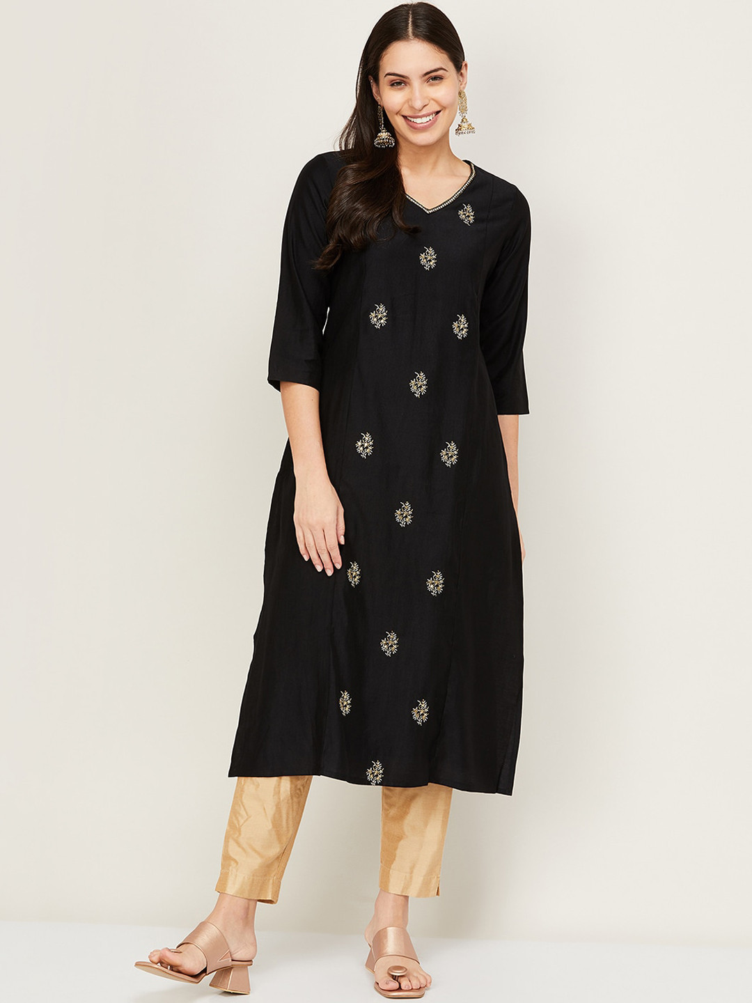 

Melange by Lifestyle Women Black Ethnic Motifs Embroidered Thread Work Kurta
