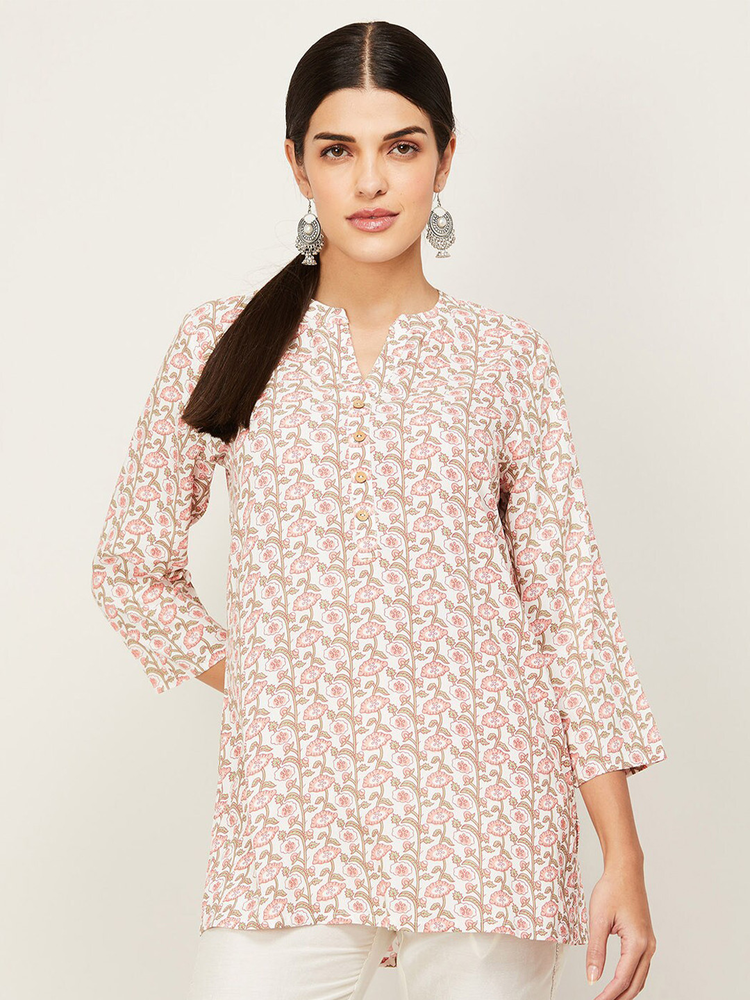 

Melange by Lifestyle White & Pink Floral Printed Kurti