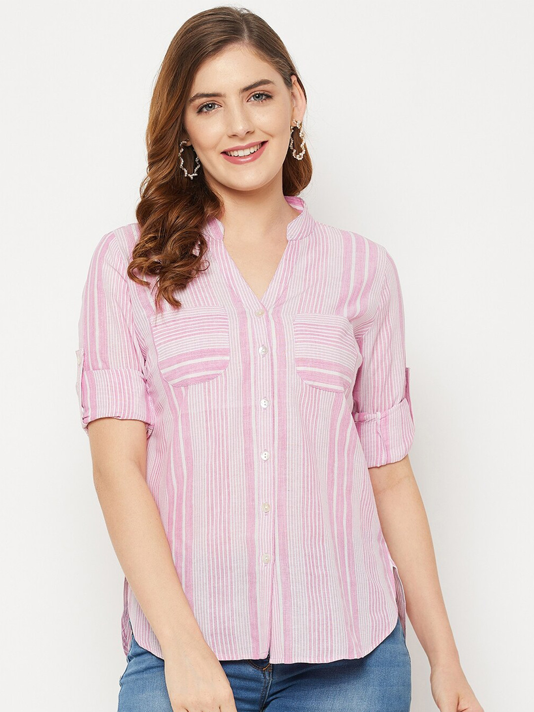 

Ruhaans Women Pink Classic Striped Casual Cotton Shirt