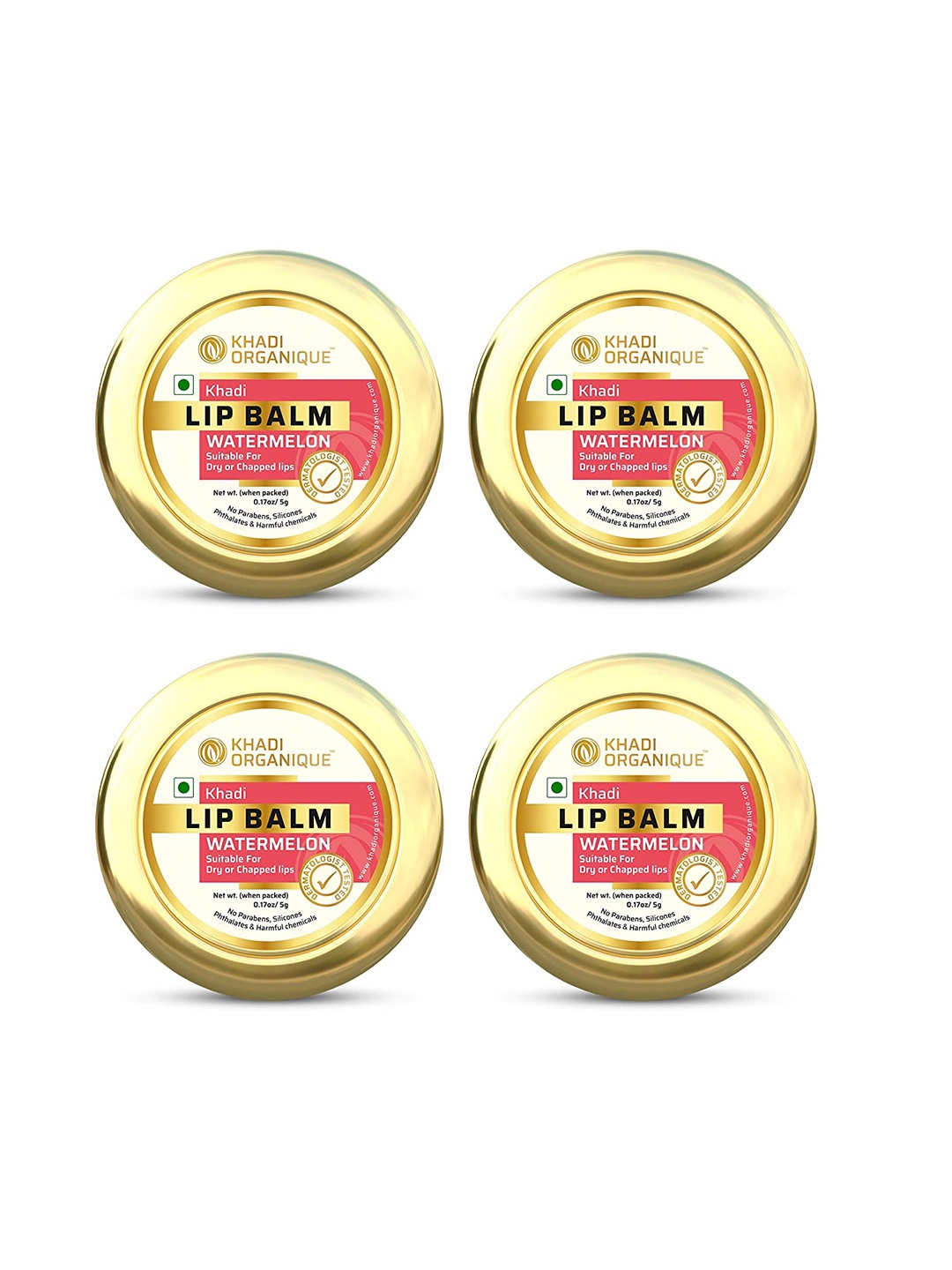 

Khadi Organique Set Of 4 Watermelon Lip Balm with Aloe Vera & Shea Butter - 5g Each, Transparent