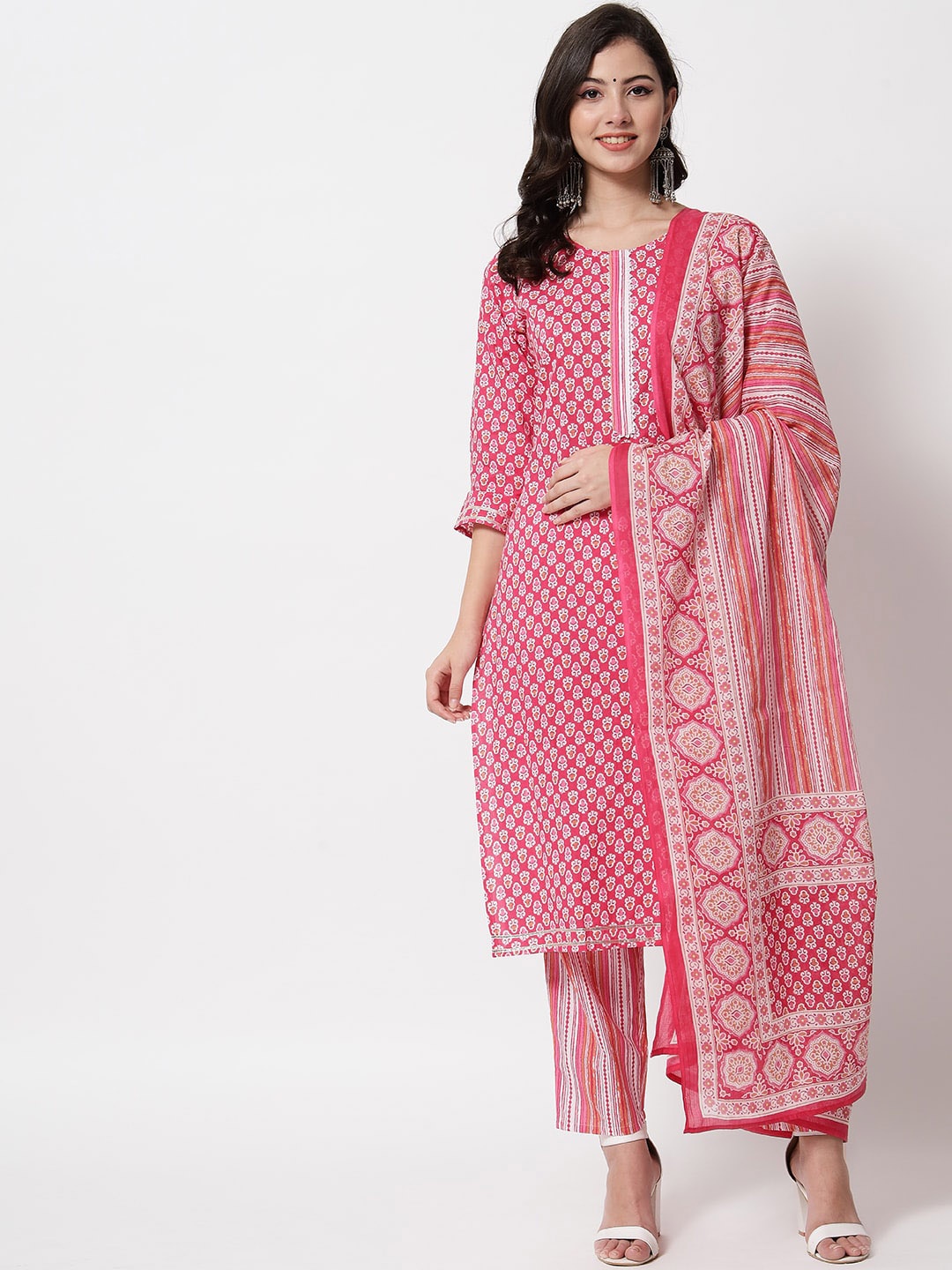 

IkDaiya Women Ethnic Motifs Printed Pure Cotton Kurta with Trousers & With Dupatta, Pink