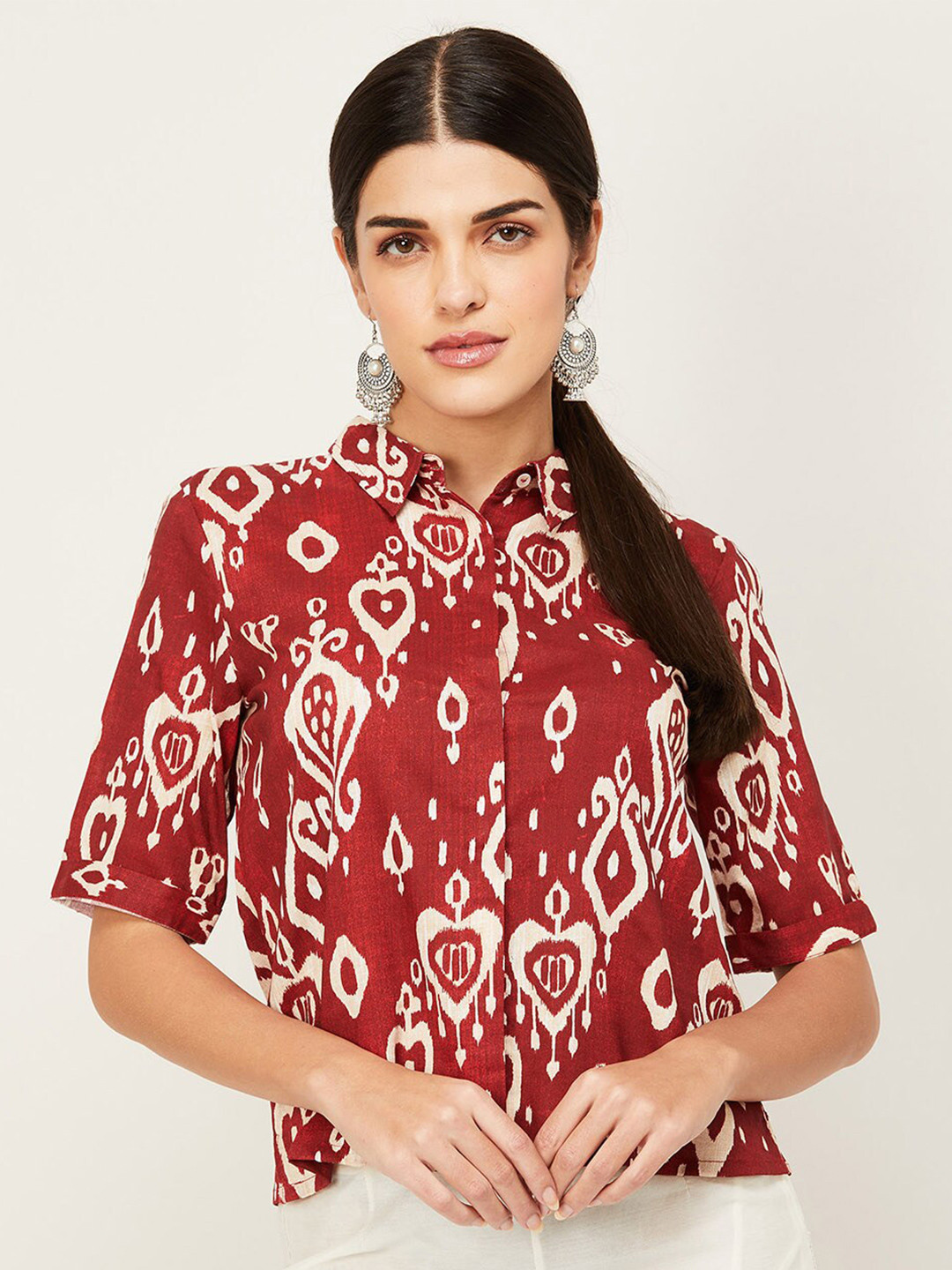 

Colour Me by Melange Women Maroon Print Shirt Style Cotton Top