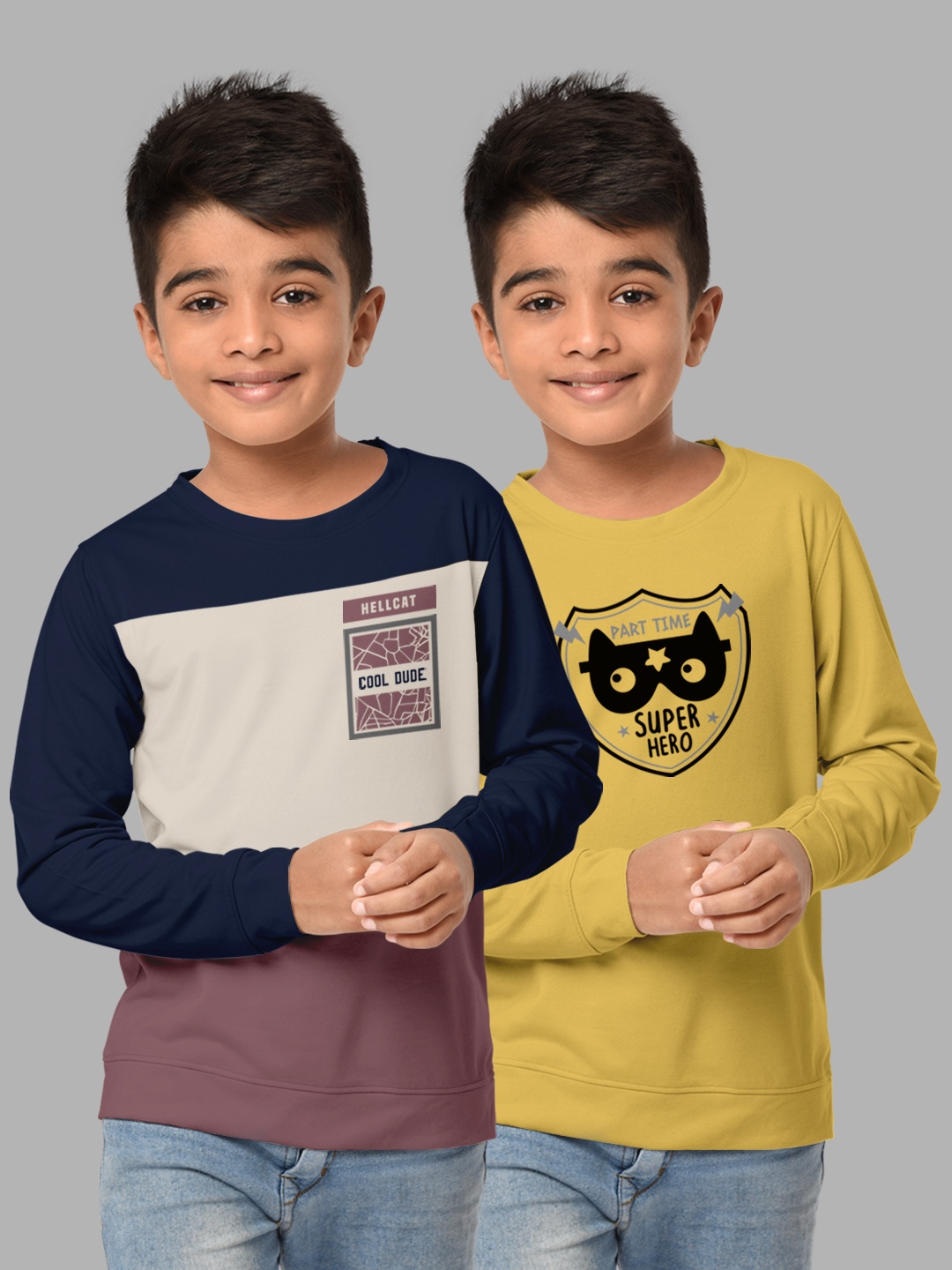 

HELLCAT Boys Mustard Yellow & Navy Blue Pack Of 2 Colourblocked T-shirt