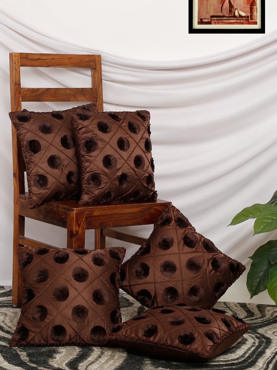 

MULTITEX Set of 5 Applique Velvet Square Cushion Covers, Brown