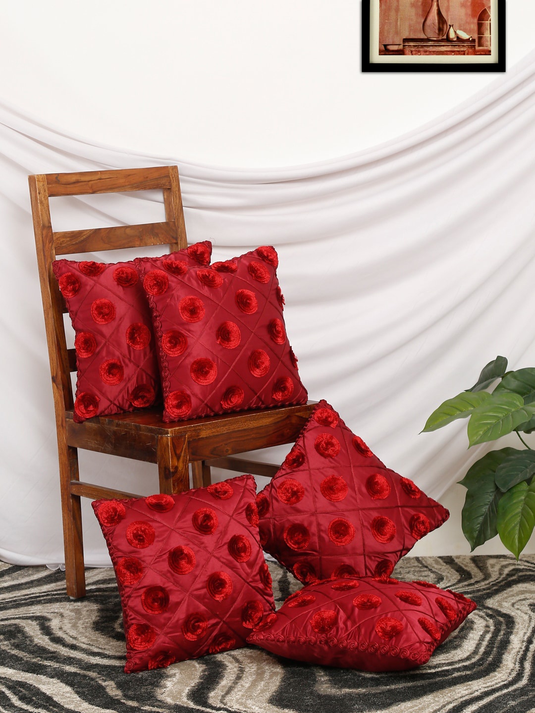 

MULTITEX Set of 5 Floral Velvet Square Cushion Covers, Red