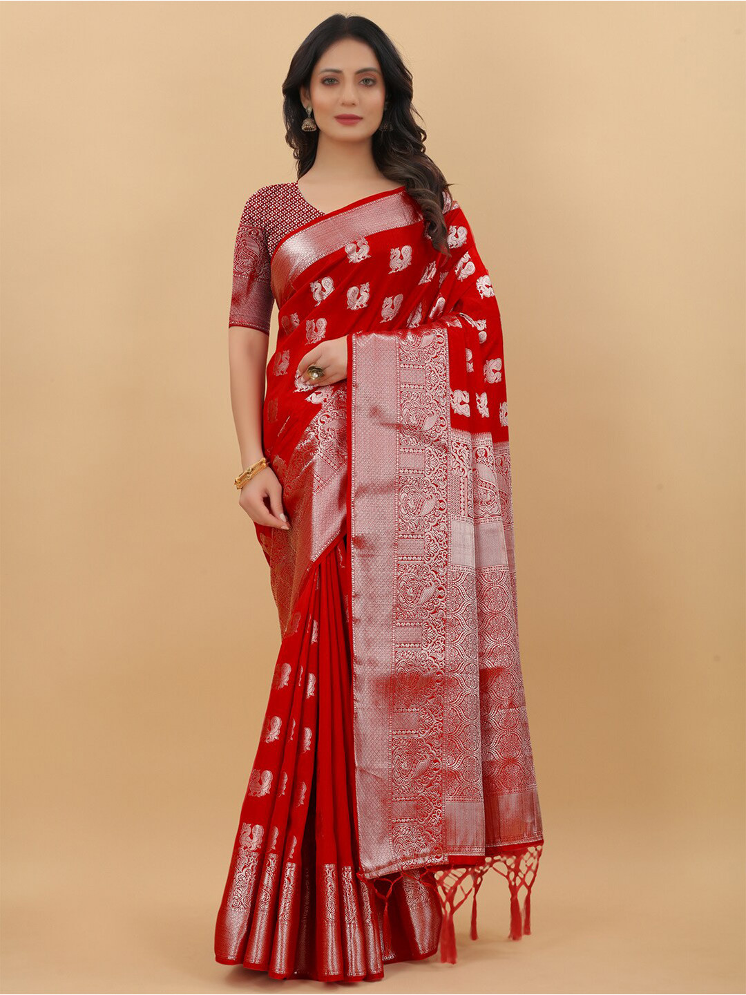 

PRASTHAN Red & Silver-Toned Woven Design Zari Pure Silk Banarasi Saree