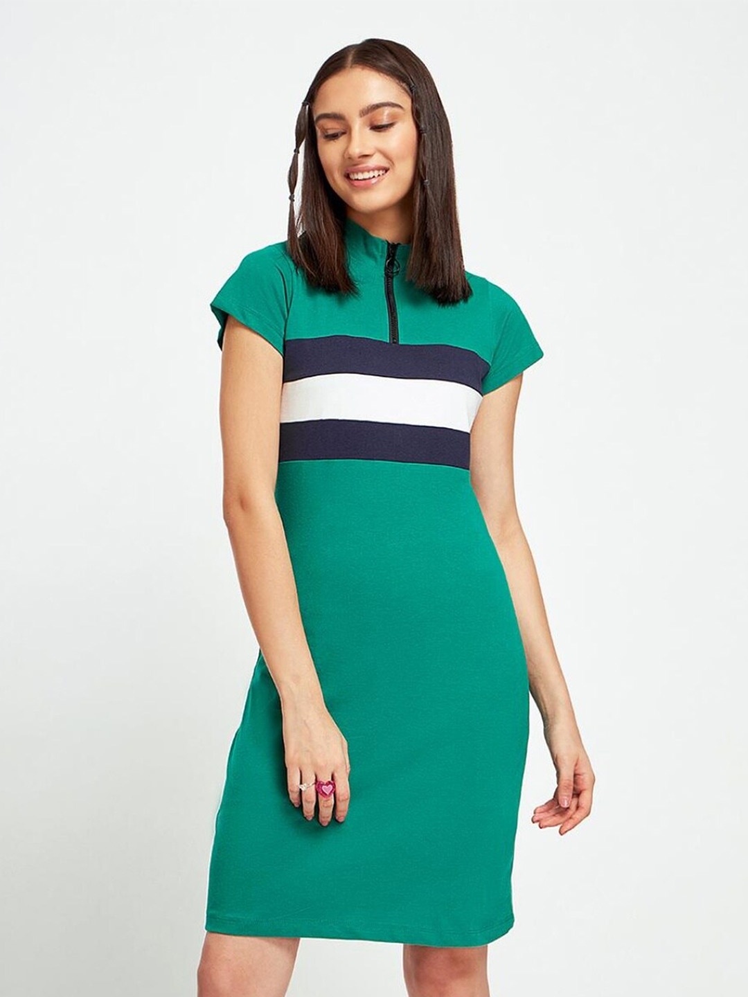 

Bewakoof Green Striped Jumper Dress