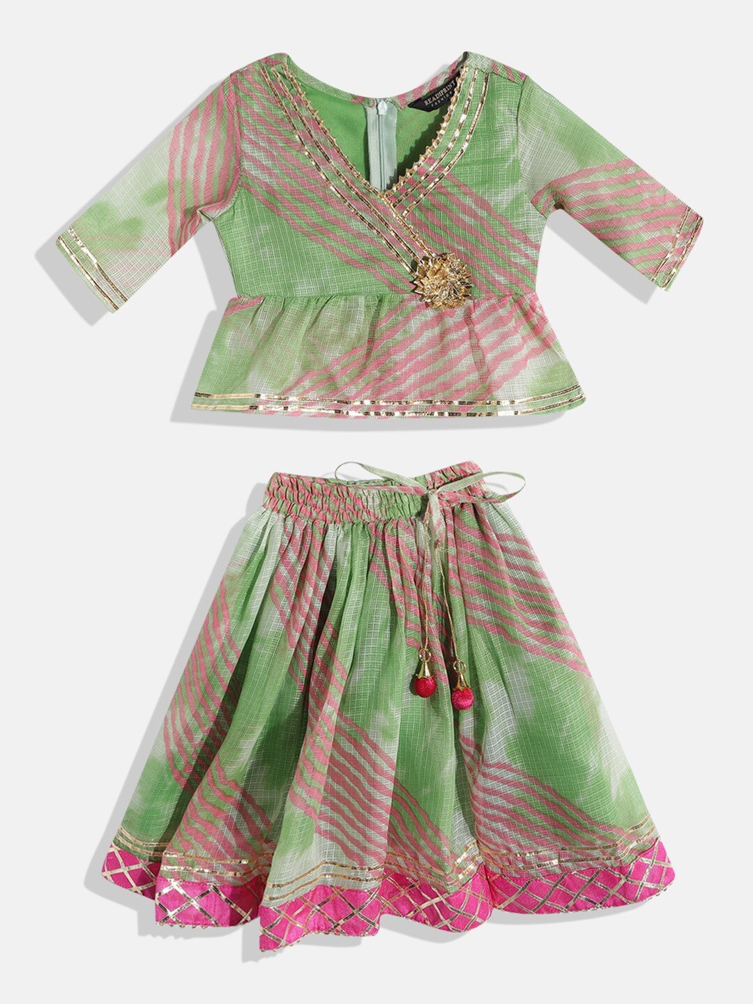 

Readiprint Fashions Girls Green & Pink Printed Ready to Wear Lehenga &