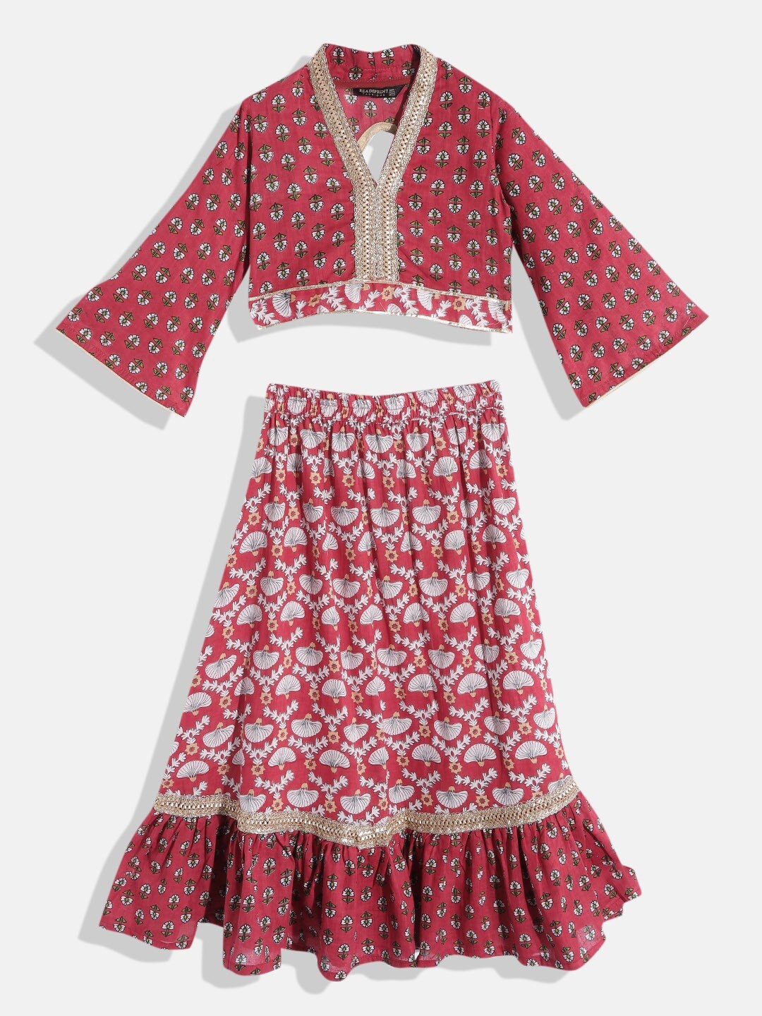 

Readiprint Fashions Girls Maroon & White Printed Ready to Wear Lehenga and Blouse