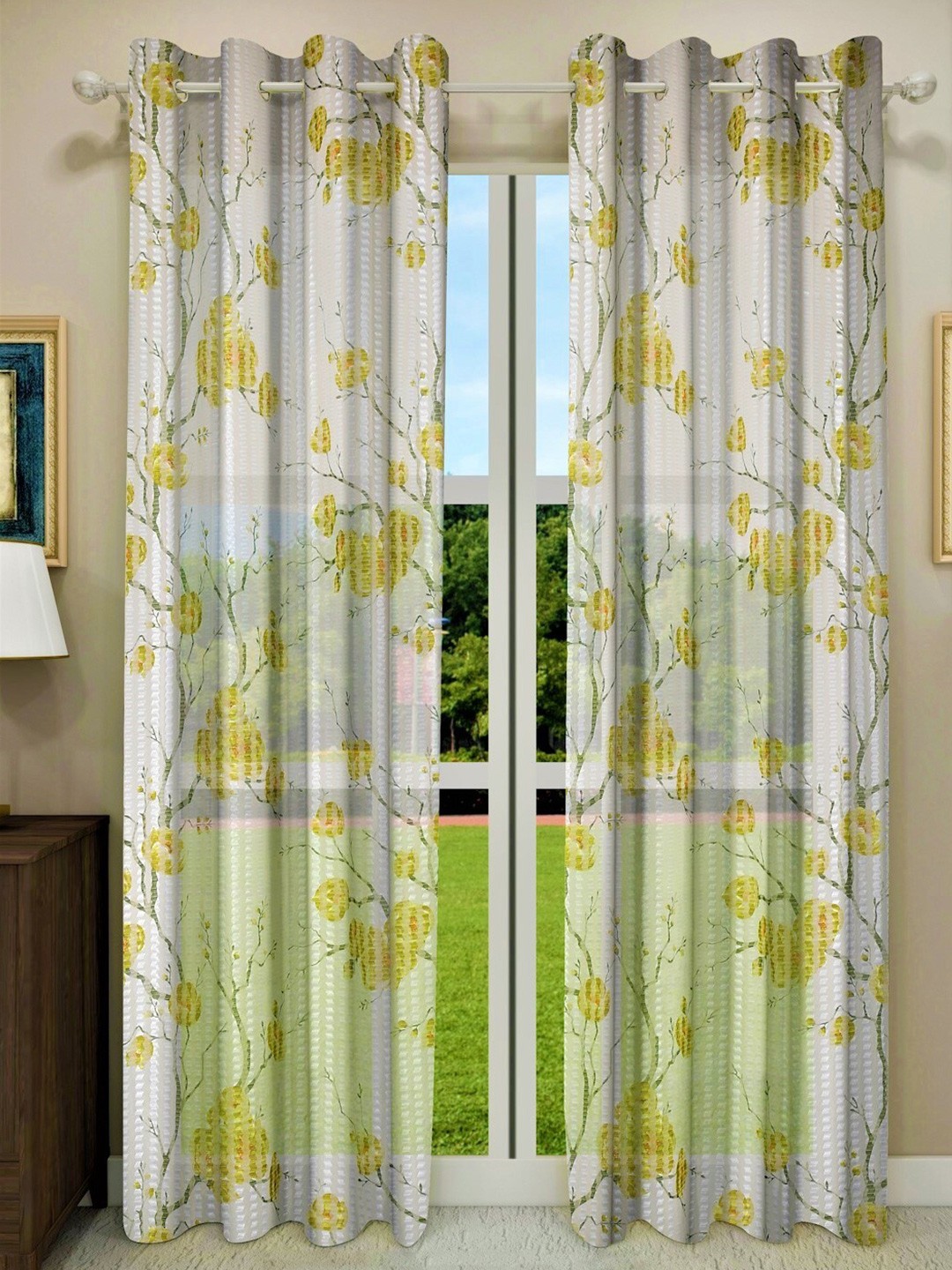 Home Sizzler Set of 2 Floral Sheer Door Curtain, Green