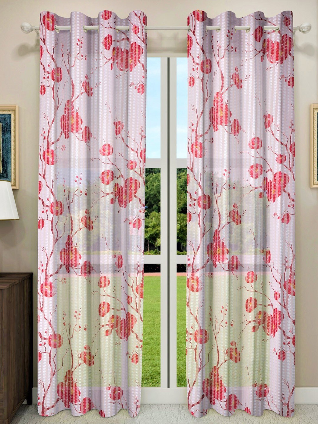 

Home Sizzler Set of 2 Floral Sheer Door Curtains, Red