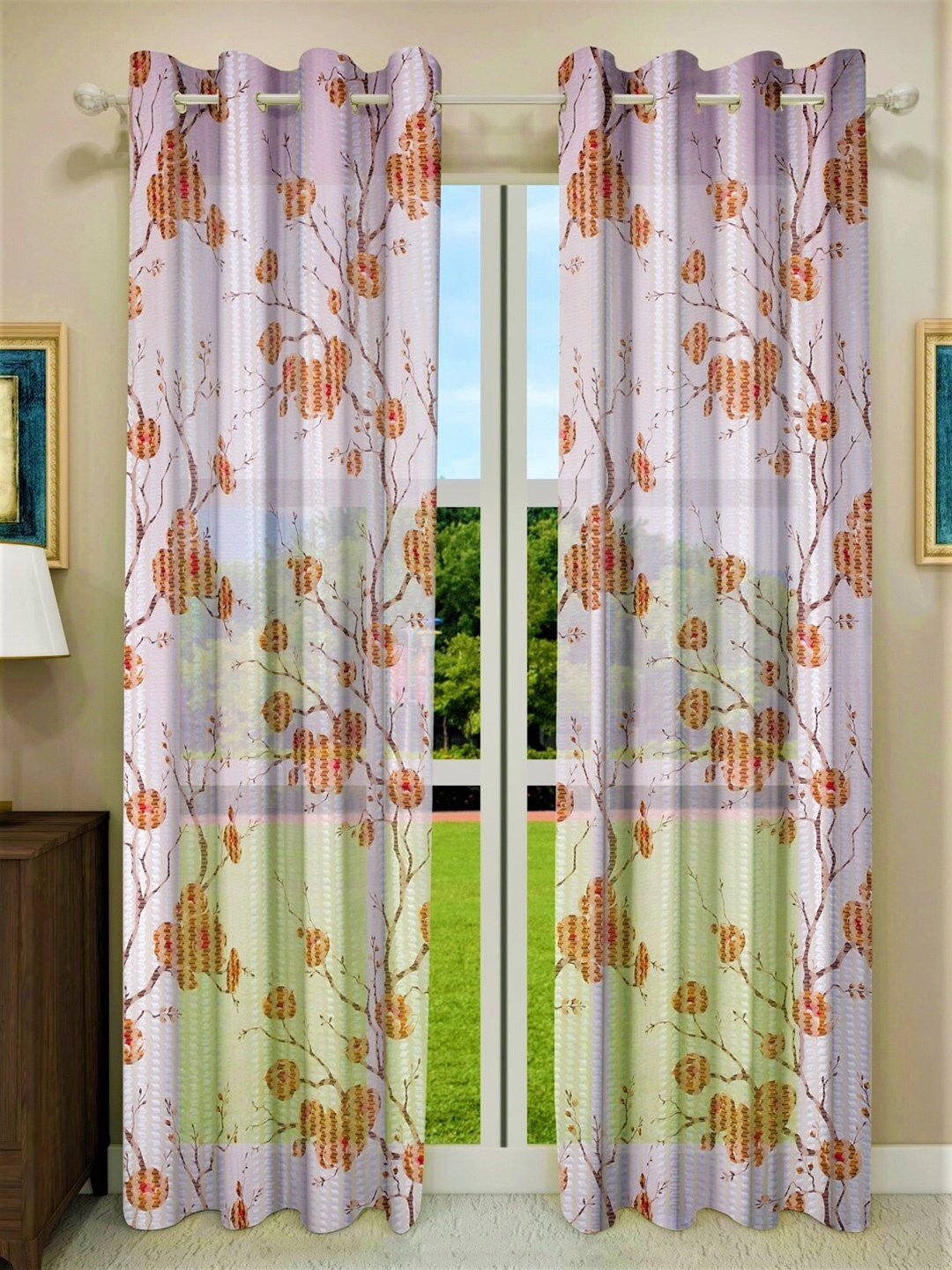 

Home Sizzler Set of 2 Floral Sheer Long Door Curtain, Brown