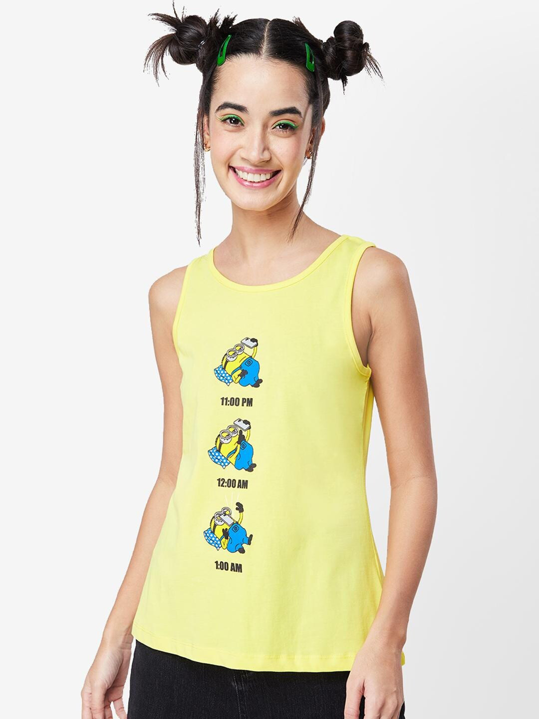 

Bewakoof Yellow Printed Cotton Tank Top