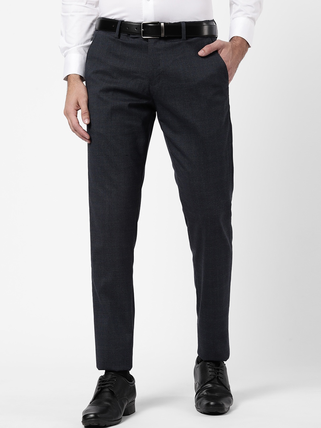 

R&B Men Navy Blue Checked Slim Fit Formal Trouser