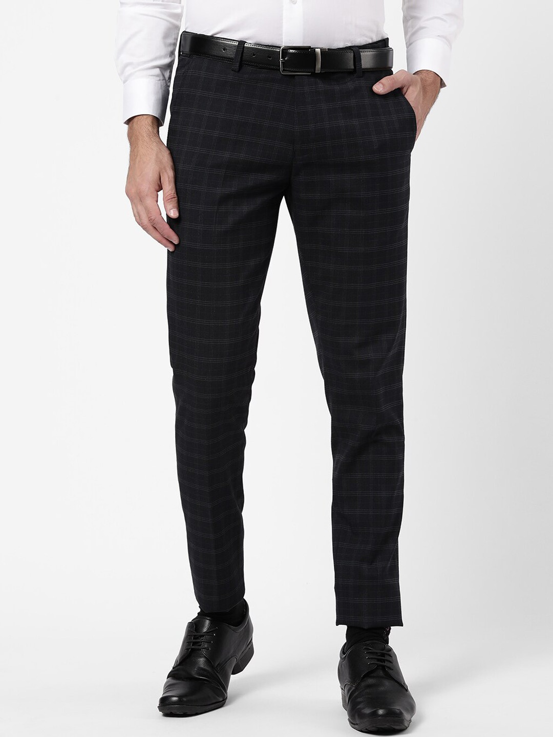

R&B Men Navy Blue Checked Slim Fit Formal Trousers