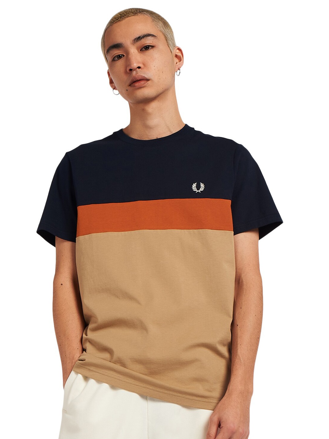 

Fred Perry Men Beige & Navy Blue Colourblocked T-shirt