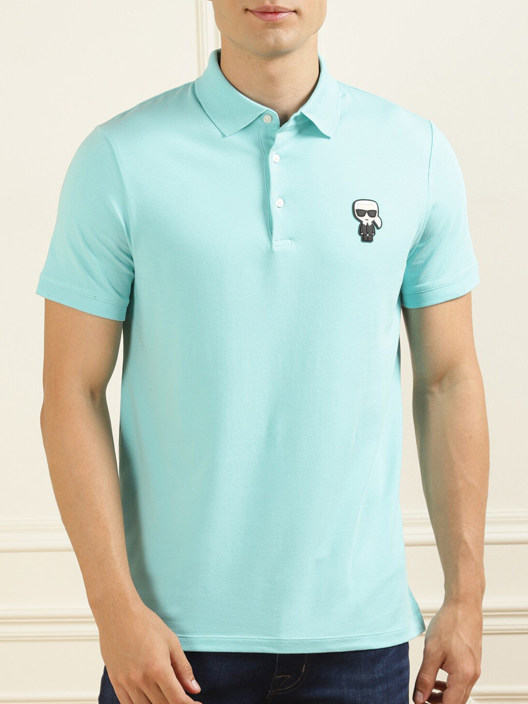 

Karl Lagerfeld Men Blue Polo Collar Applique Cotton T-shirt