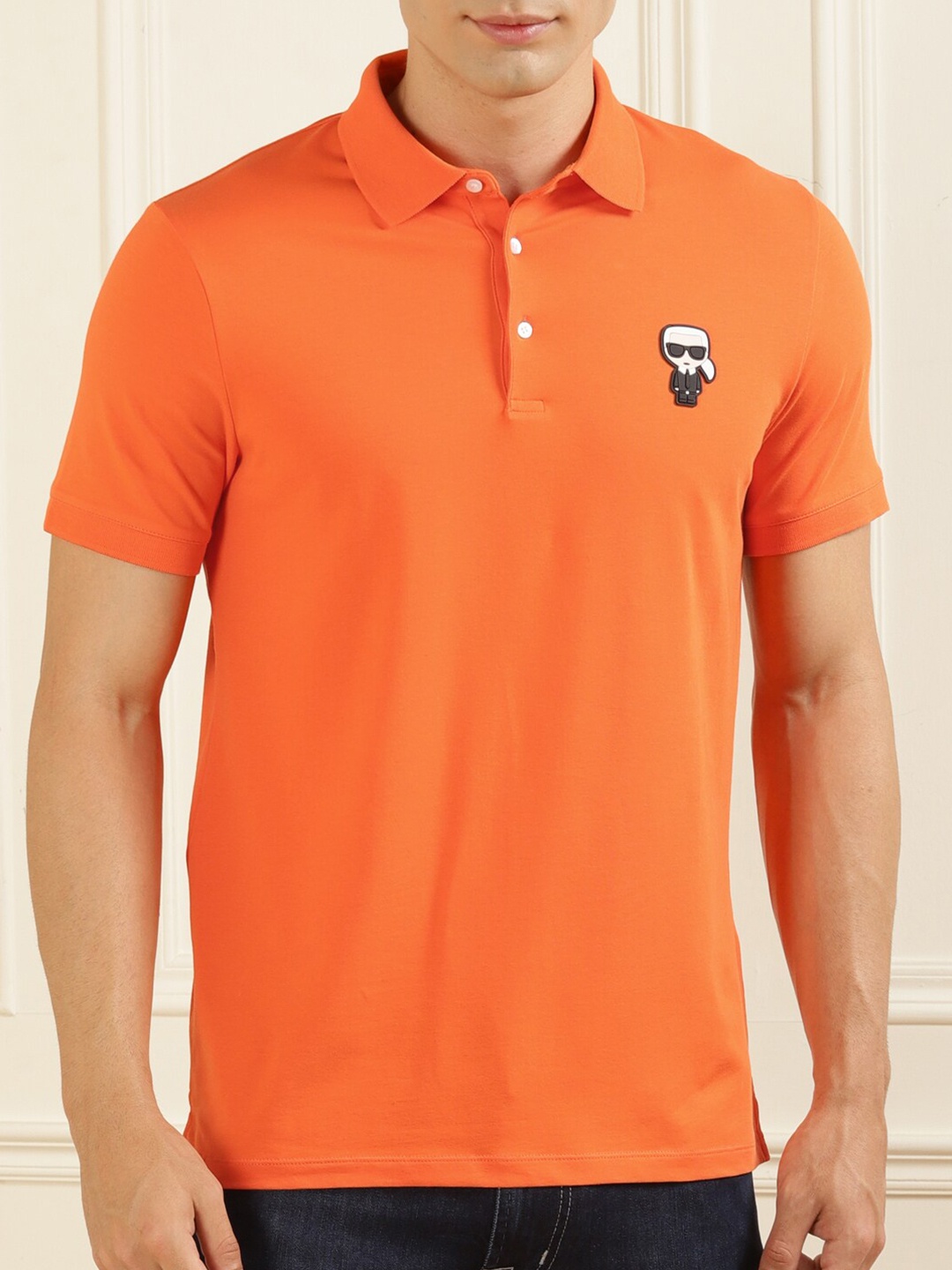 

Karl Lagerfeld Men Orange Polo Collar Raw Edge Cotton T-shirt