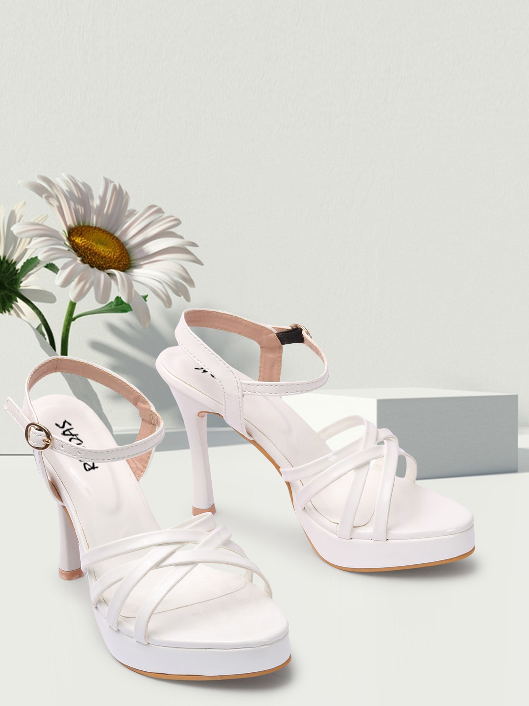 

RINDAS White Party Mid-Top Slim Heels with Ankle Loop