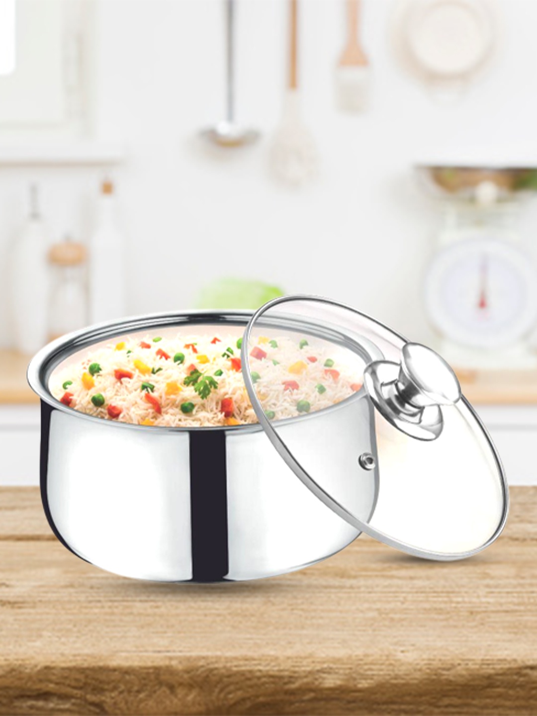

DREAM WEAVERZ Silver Toned Stainless Steel Casserole With Toughened Glass Lid- 2200 ml