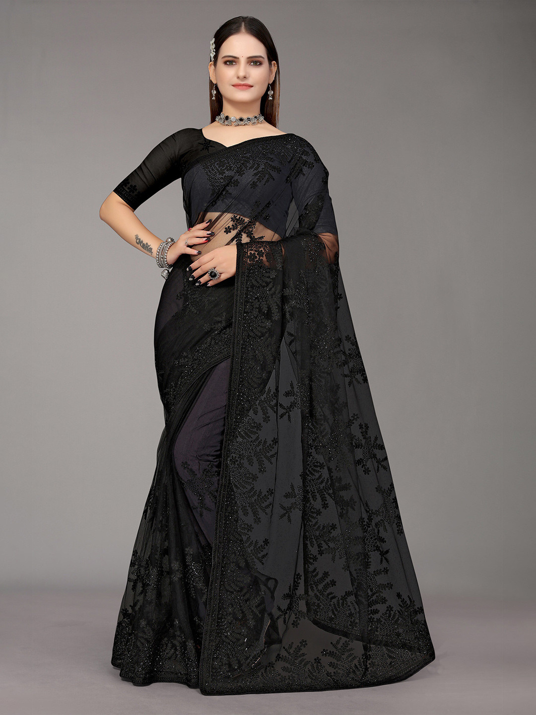 

Nimayaa Black Floral Embroidered Net Saree