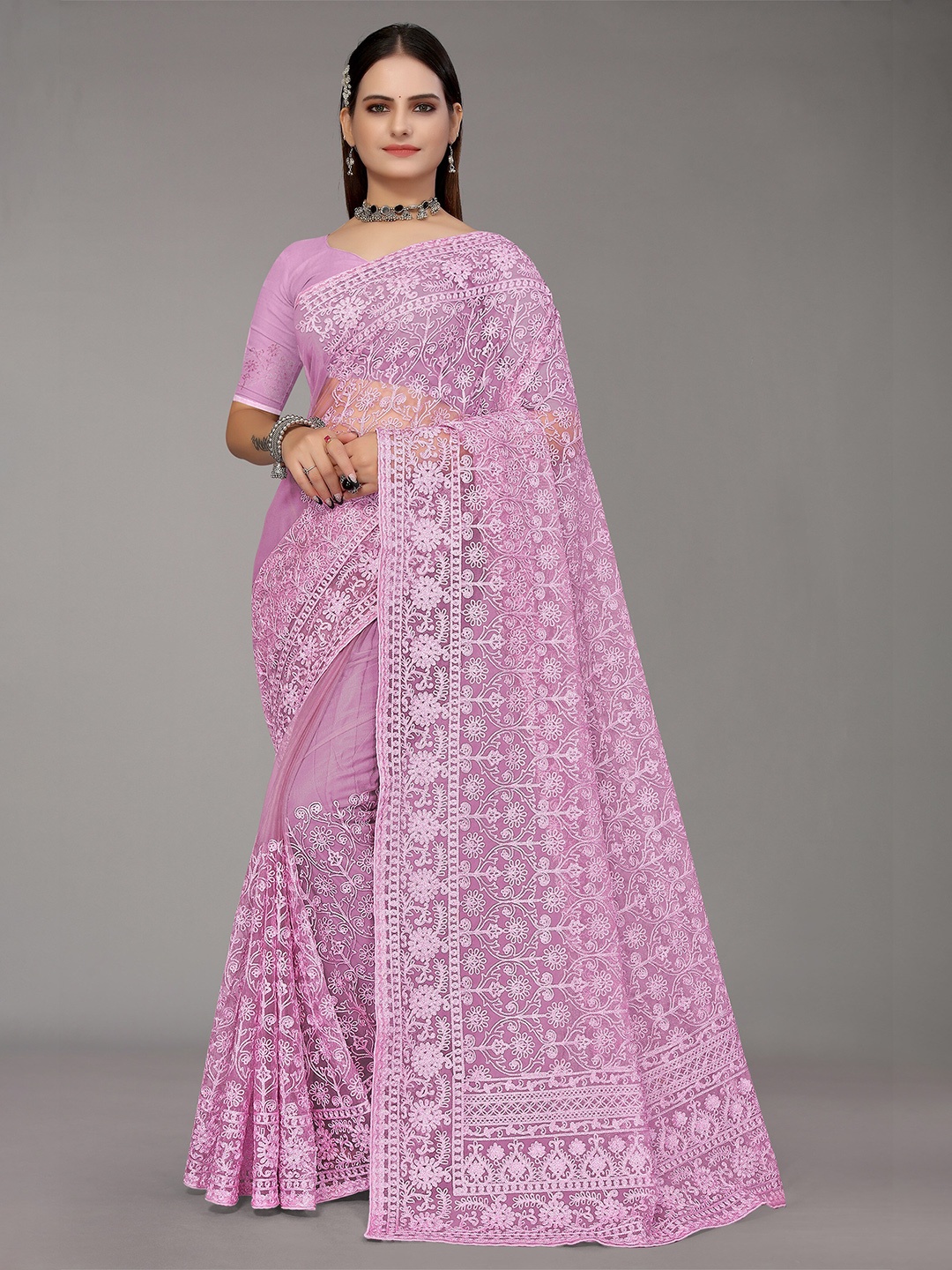 

Nimayaa Purple Floral Embroidered Net Saree