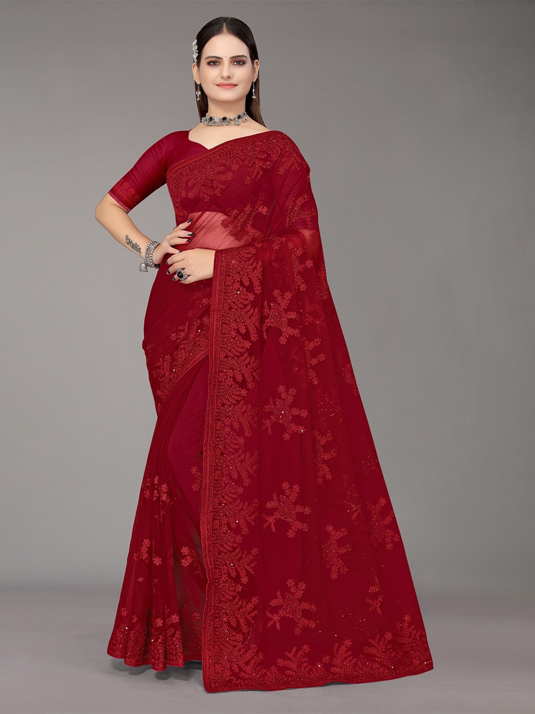 

Nimayaa Maroon Floral Embroidered Net Saree