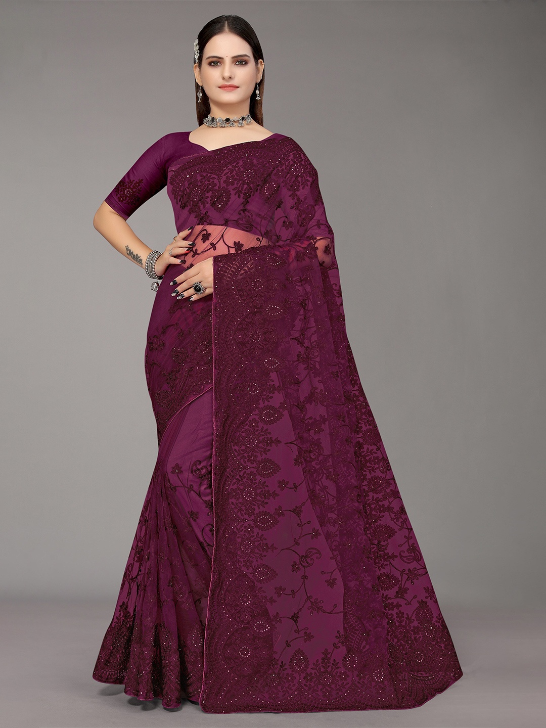 

Nimayaa Purple Floral Embroidered Net Saree