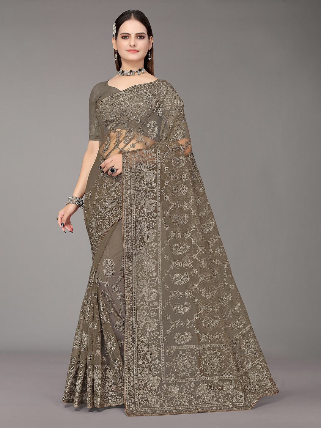 

Nimayaa Olive Green Floral Embroidered Net Saree