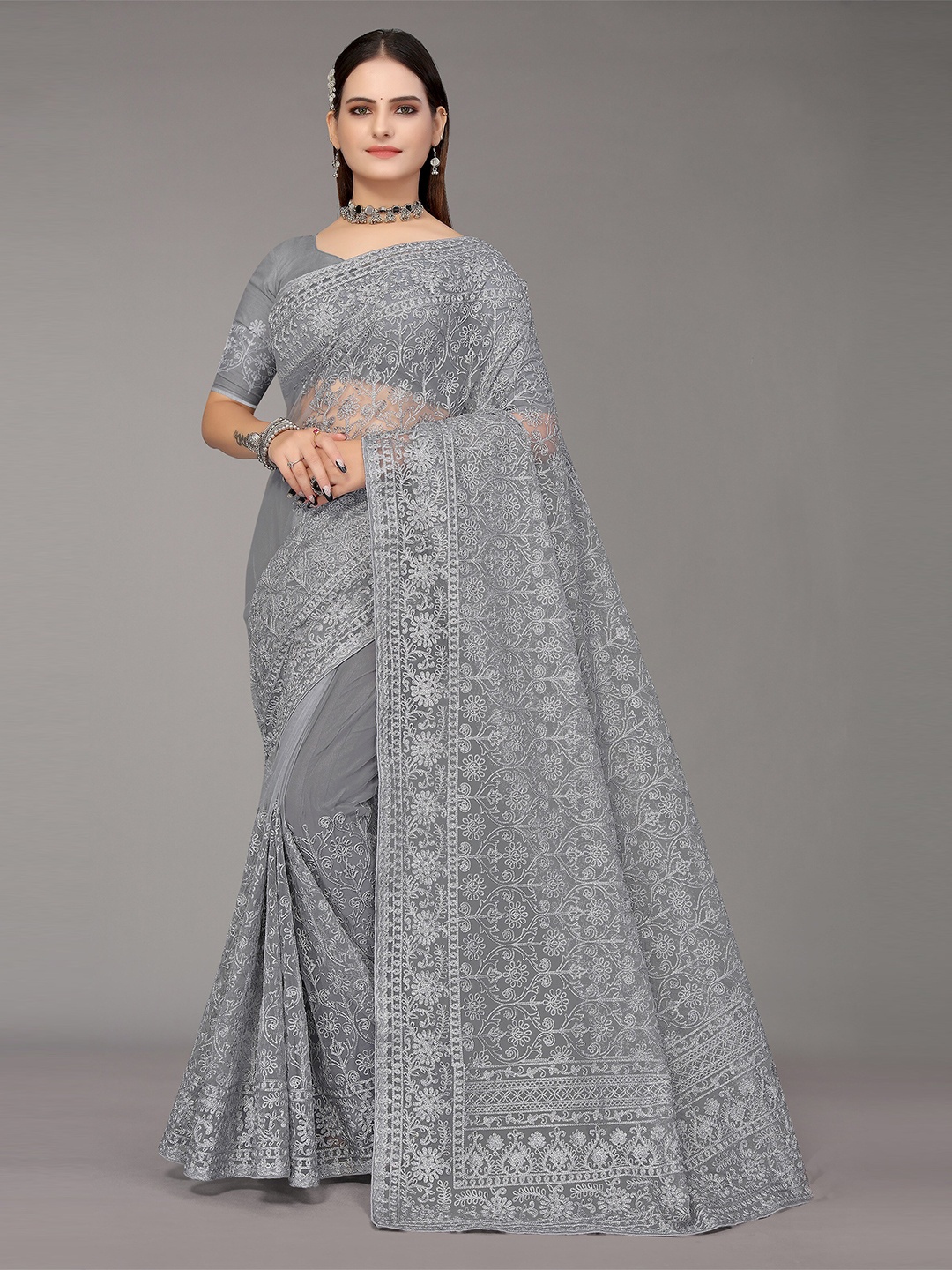 

Nimayaa Grey Floral Embroidered Net Saree