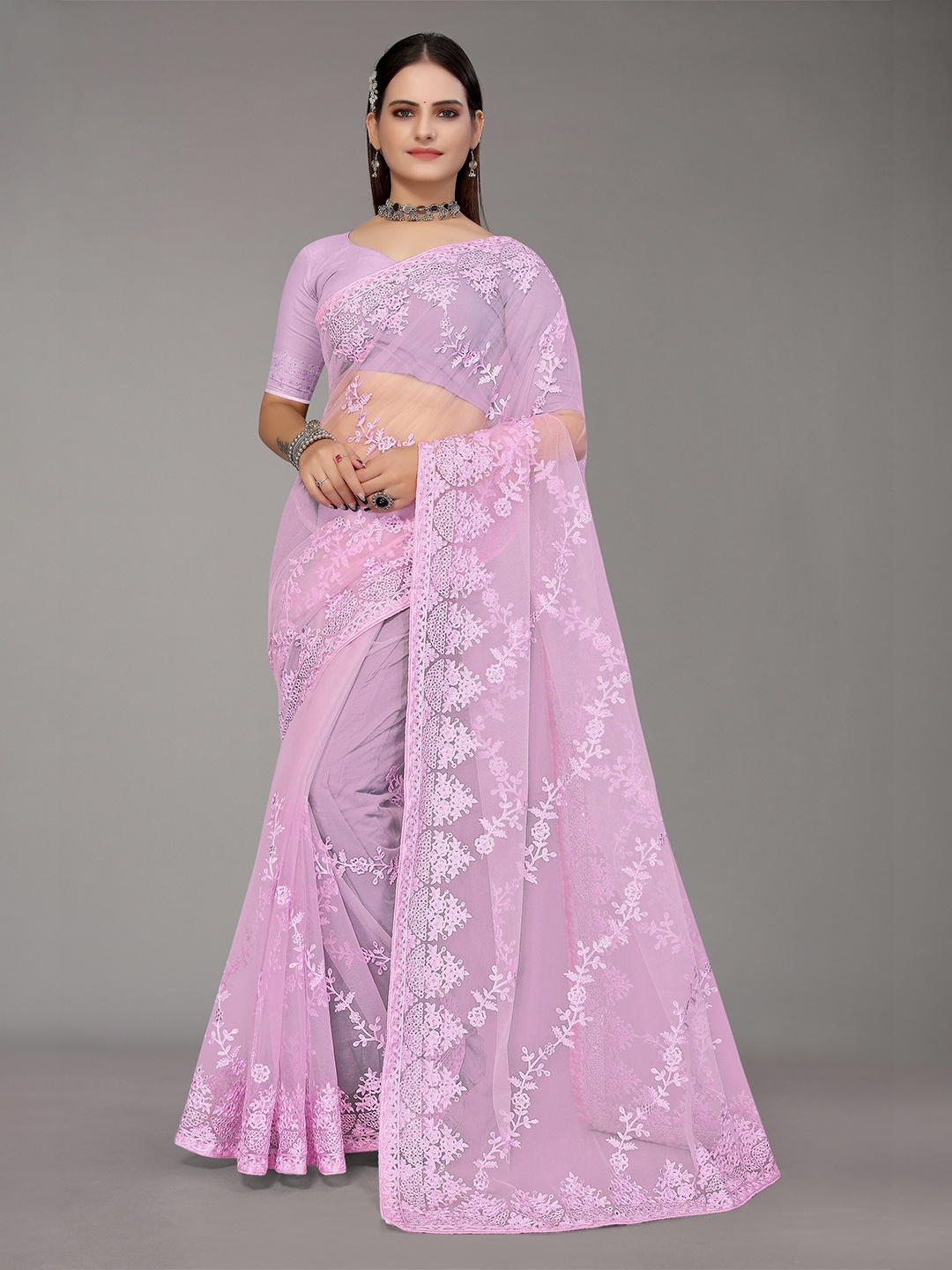 

Nimayaa Purple Floral Beads and Stones Net Mangalagiri Saree