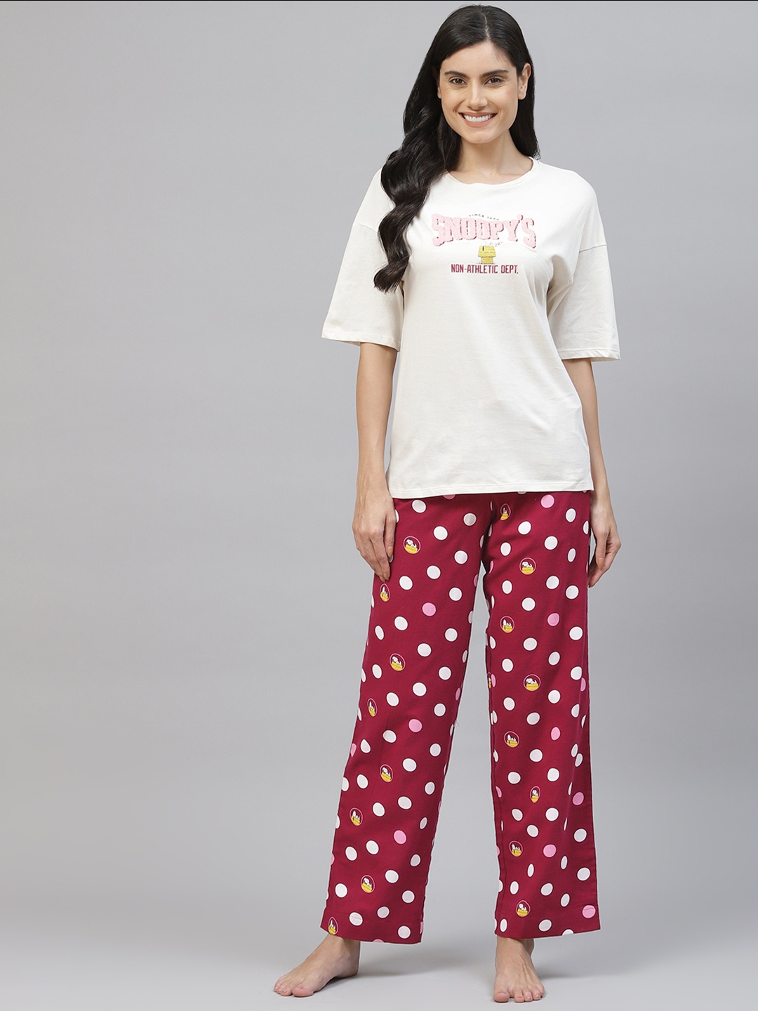 

Marks & Spencer Women Cream-Coloured & Maroon Printed Night suit