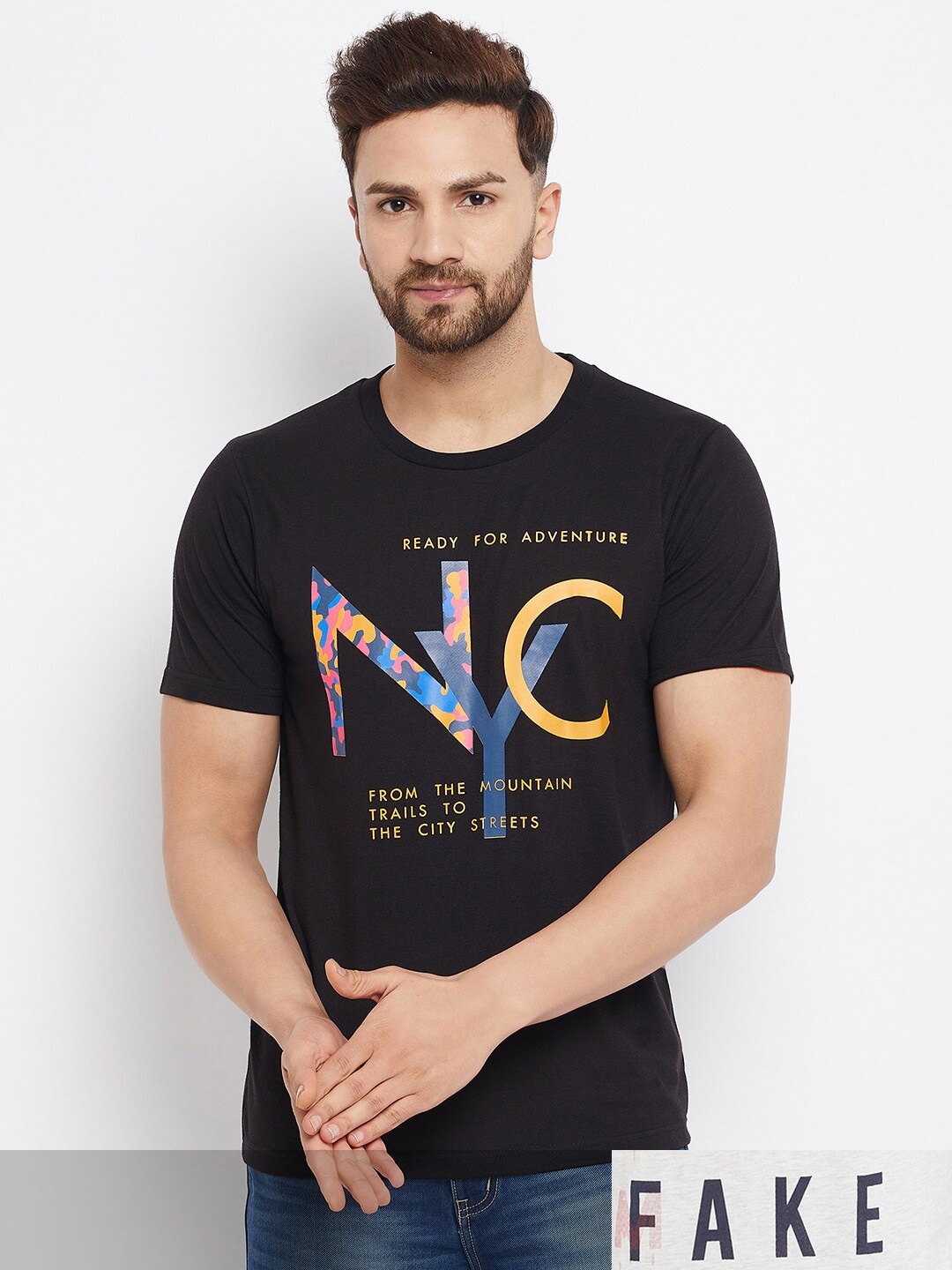 THE MILLION CLUB Men Black & Off White Typography Pack Of 2 Printed T-shirt