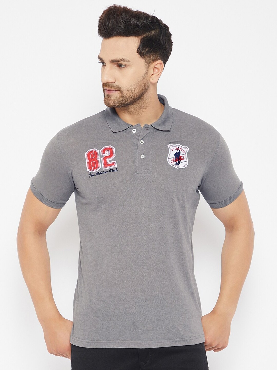 

THE MILLION CLUB Men Grey Solid Polo Collar Applique T-shirt