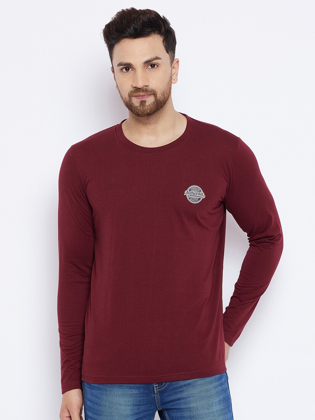 

THE MILLION CLUB Men Maroon Solid Applique T-shirt