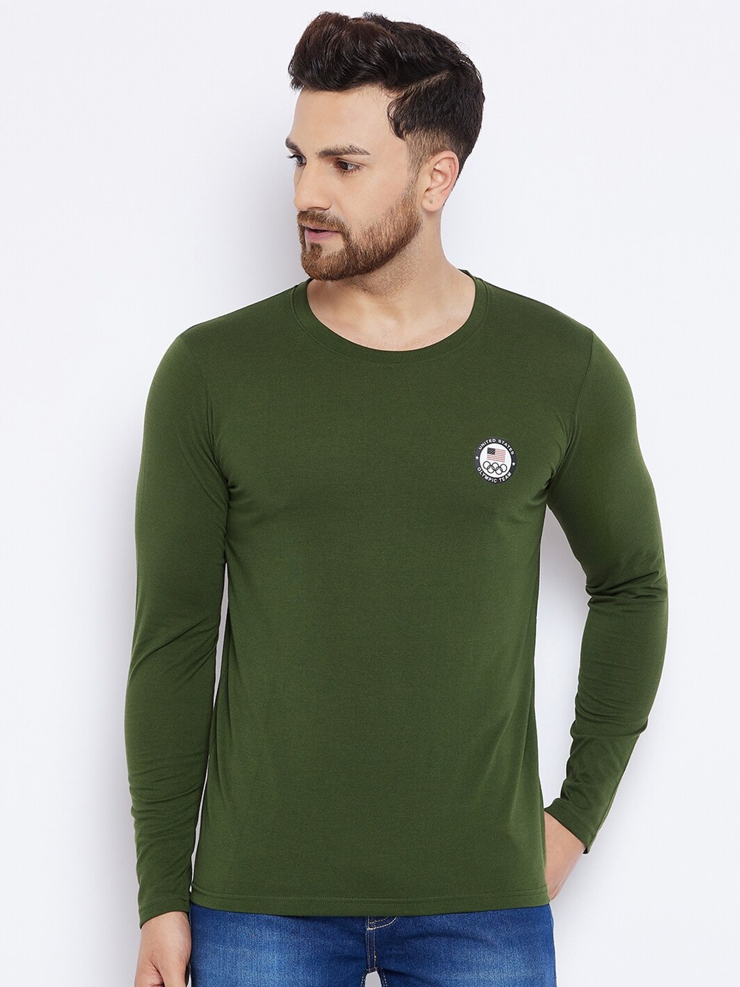 

THE MILLION CLUB Men Olive Green Applique T-shirt