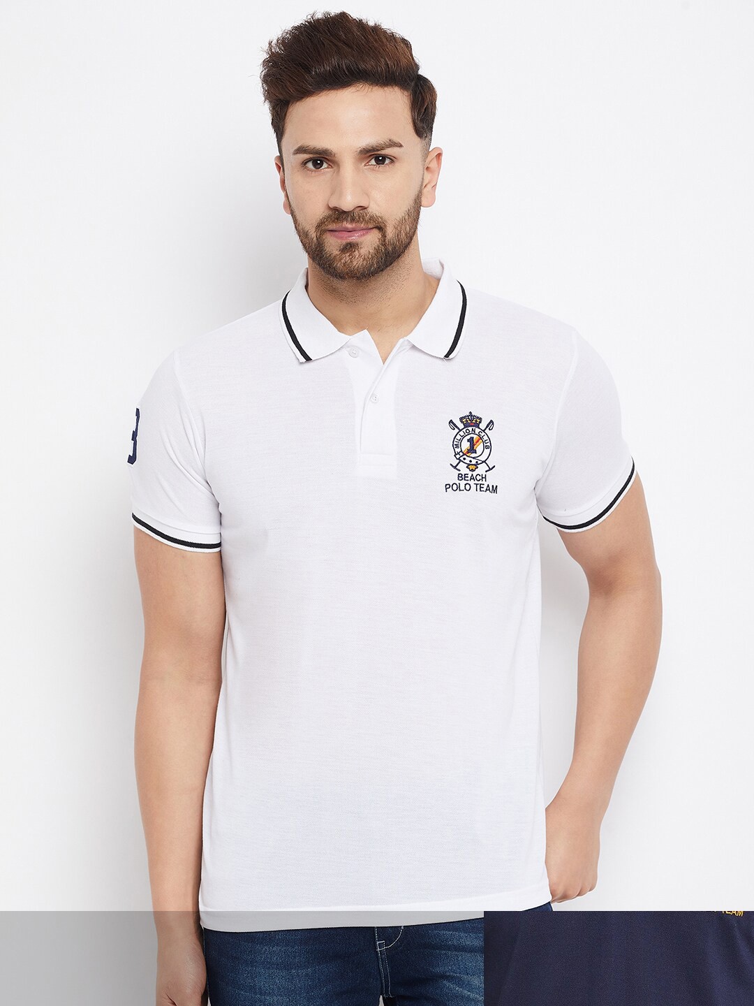 

THE MILLION CLUB Men Pack of 2 White & Navy Blue Polo Collar T-shirt