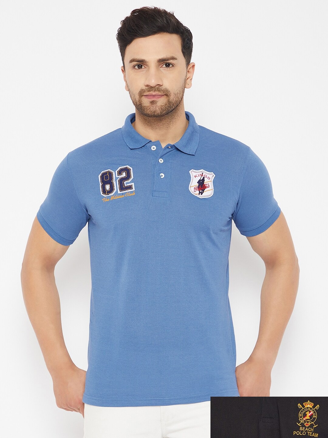 

THE MILLION CLUB Men Pack of 2 Black & Blue Typography Polo Collar T-shirt