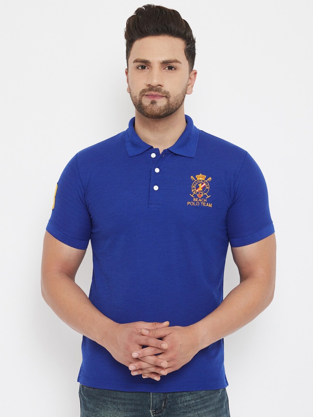 

THE MILLION CLUB Men Blue & Yellow Typography Polo Collar T-shirt