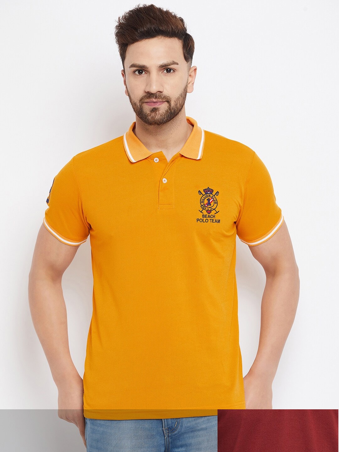 

THE MILLION CLUB Men Pack Of 2 Mustard Yellow & Red Typography Polo Collar T-shirt