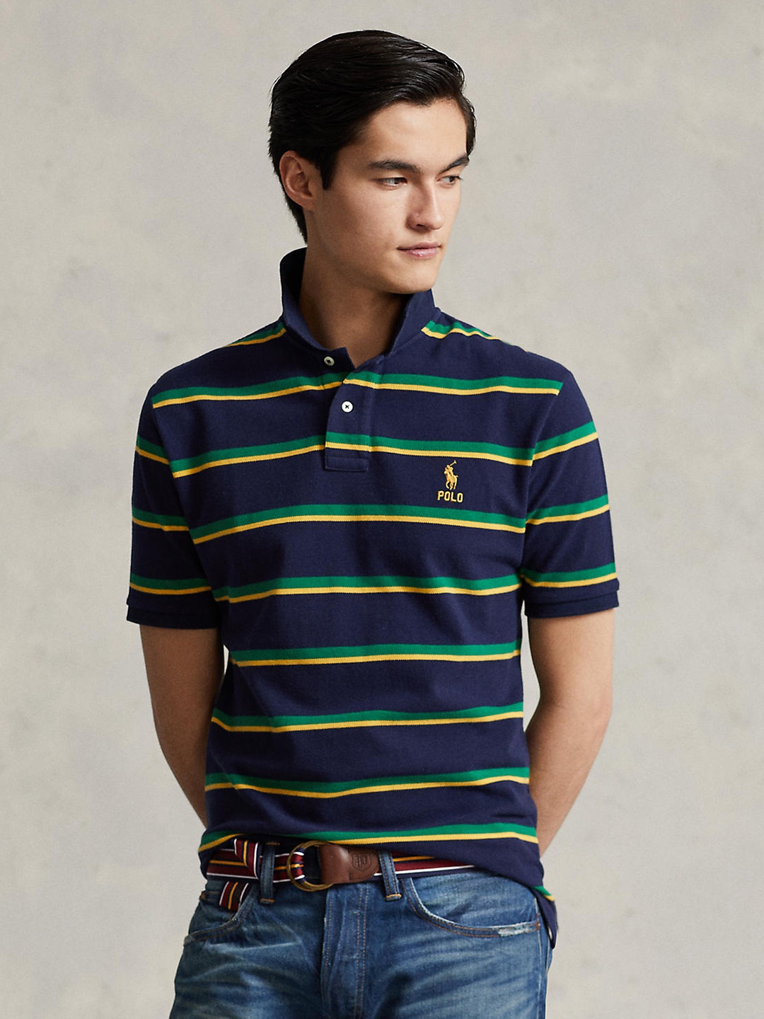 

Polo Ralph Lauren Men Navy Blue Striped Polo Collar T-shirt