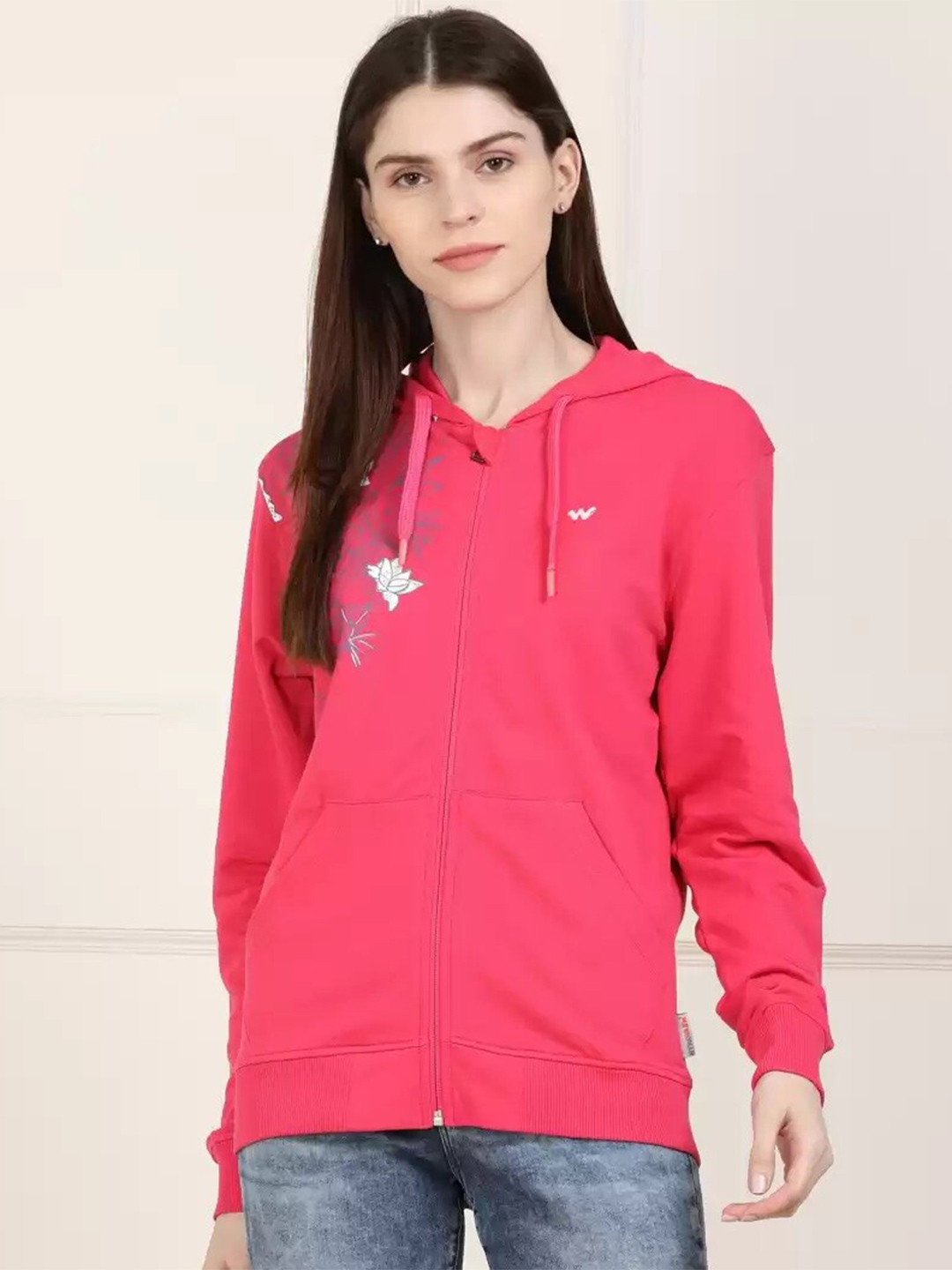 

Wildcraft Women Pink Cotton Front Open Hooded Sweatshirt