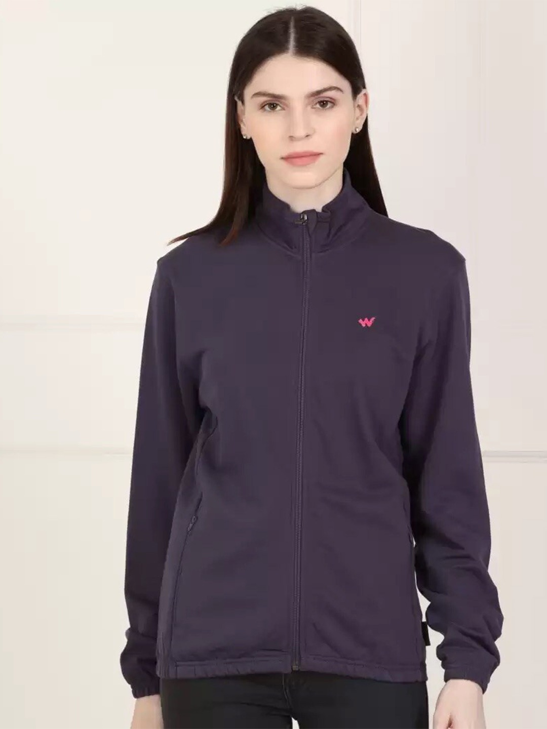 

Wildcraft Women Purple Cotton Mock Collar Front Open Sweatshirt