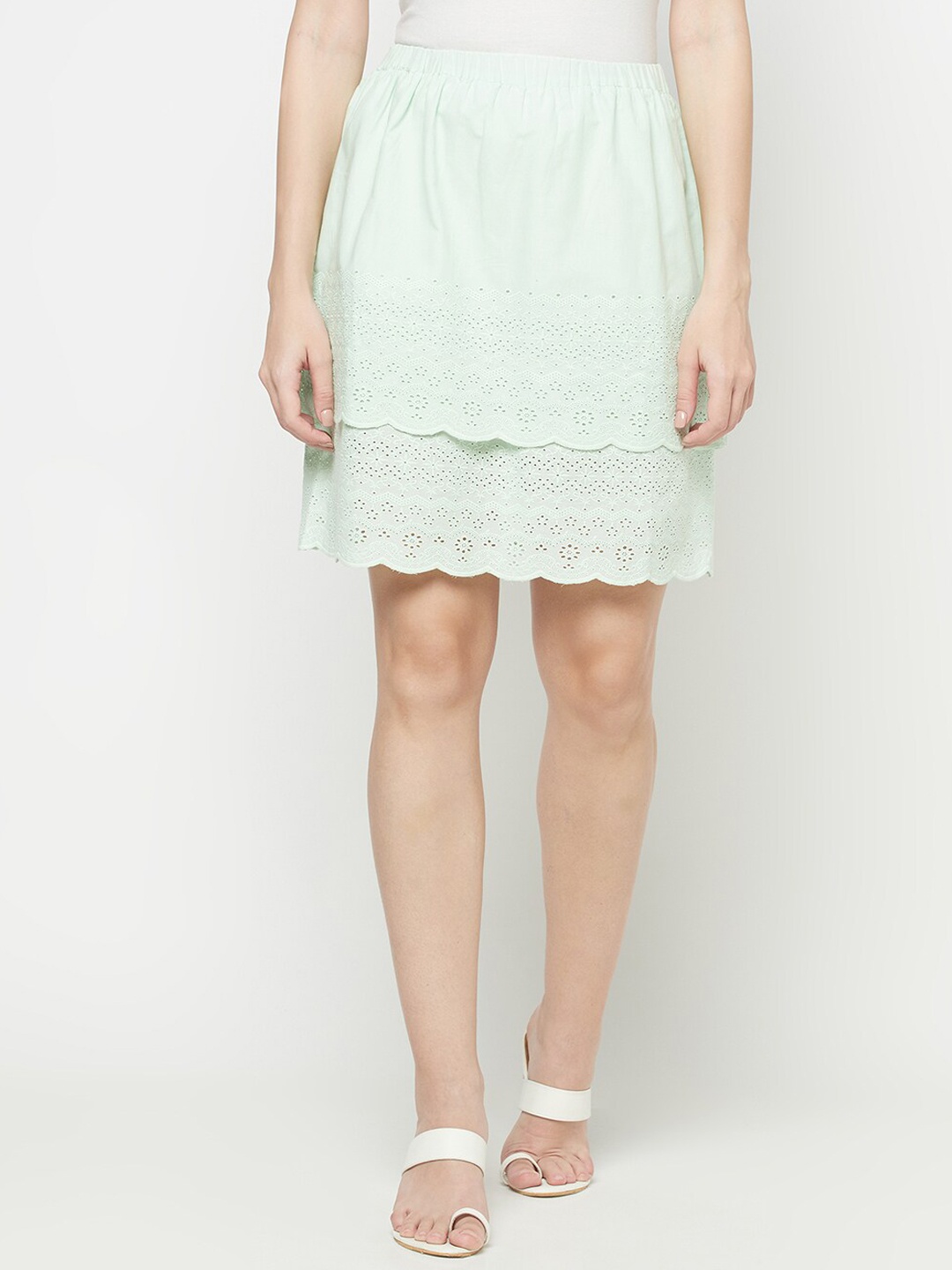 

Purple State Women Sea Green Self-Design Tiered Cotton Skirt
