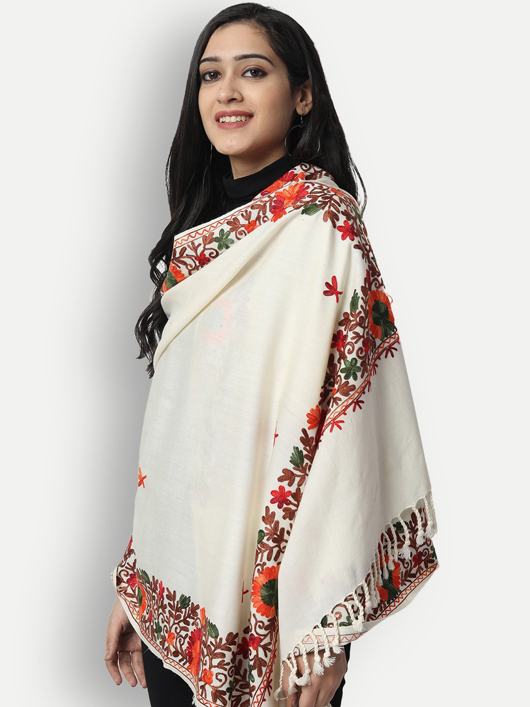 

Zamour Women White & Red Embroidered Stole