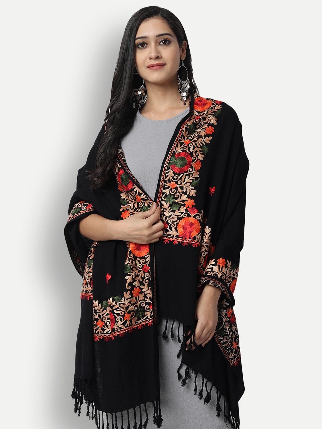 

Zamour Women Black & Red Embroidered Stole