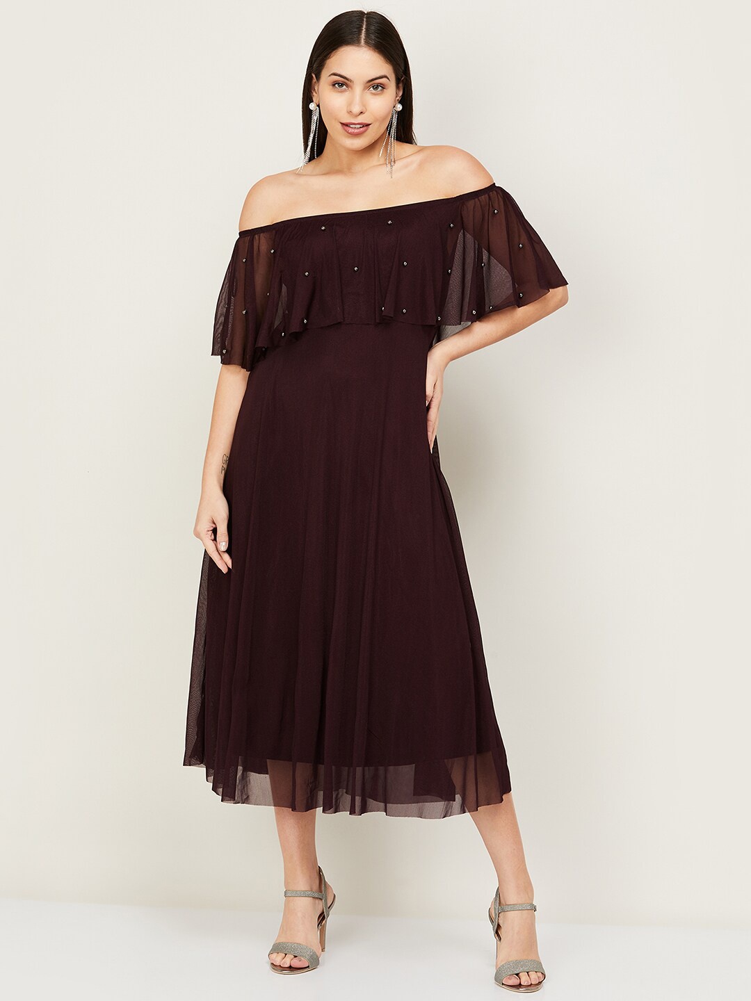 

CODE by Lifestyle Maroon Off-Shoulder A-Line Midi Dress