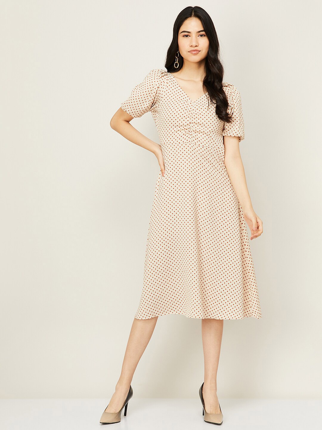 

CODE by Lifestyle Beige & Red Printed A-Line Midi Dress