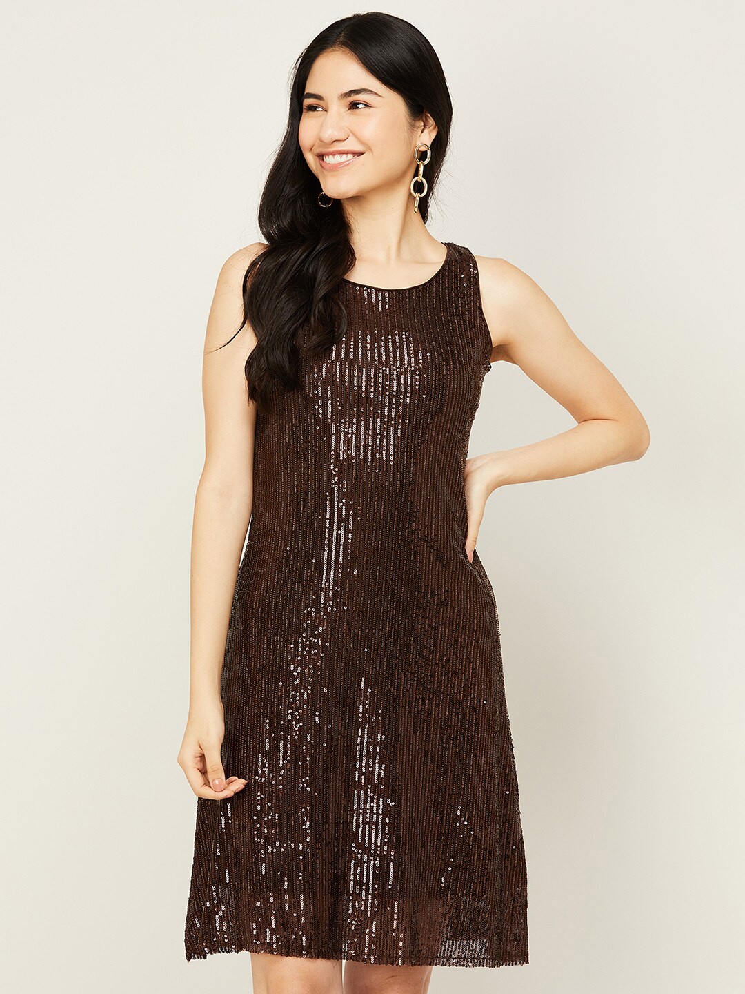 

CODE by Lifestyle Brown Sequin Embellished A-Line Mini Dress