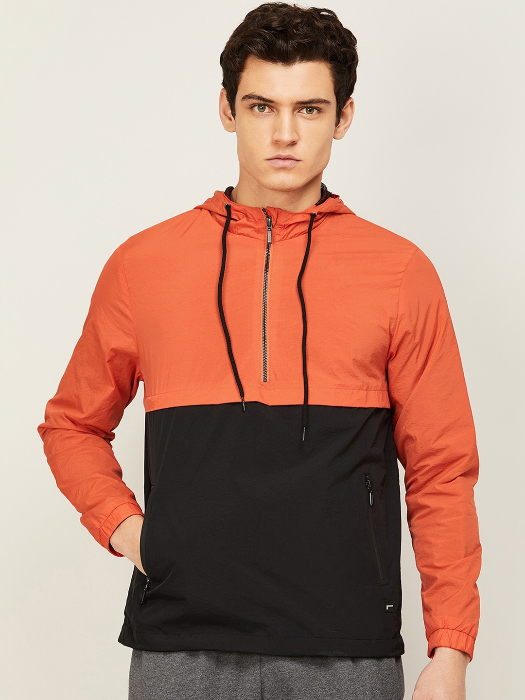 

Fame Forever by Lifestyle Men Black Orange Colourblocked Lightweight Outdoor Sporty Jacket